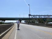 Taking bridge over railroad to Riverfront Heritage Trail.